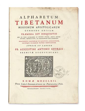 TRAVEL  GIORGI, ANTONIO AGOSTINO. Alphabetum Tibetanum missionum apostolicarum commodo editum.  1762 [i. e., 1763]